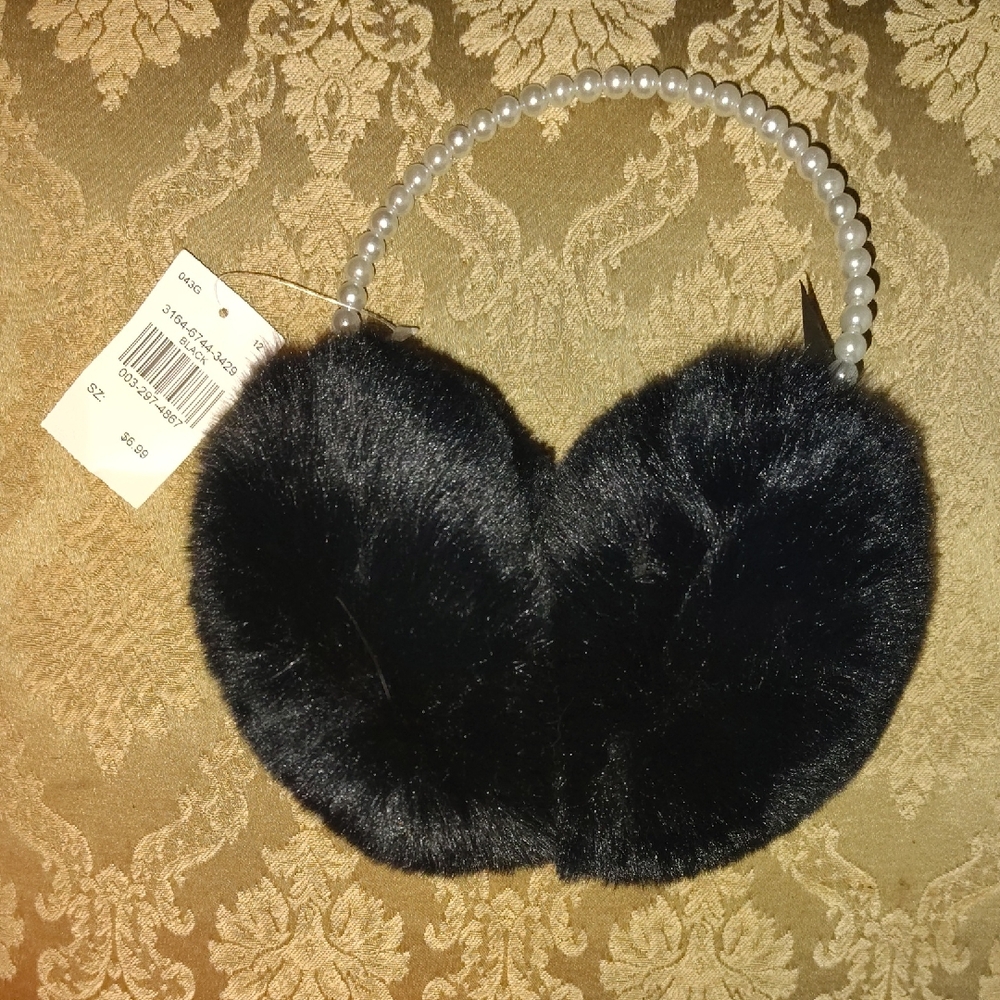 Black Faux Fur Earmuffs with Pearl Headband